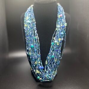 vintage multi strand blue glass seed bead necklace adjustable
